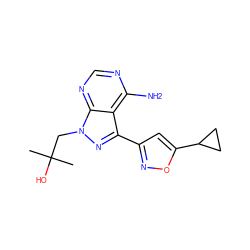 CC(C)(O)Cn1nc(-c2cc(C3CC3)on2)c2c(N)ncnc21 ZINC000653775531