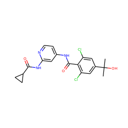 CC(C)(O)c1cc(Cl)c(C(=O)Nc2ccnc(NC(=O)C3CC3)c2)c(Cl)c1 ZINC000096928687