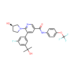 CC(C)(O)c1cc(F)cc(-c2cc(C(=O)Nc3ccc(OC(F)(F)F)cc3)cnc2N2CC[C@@H](O)C2)c1 ZINC000224405165