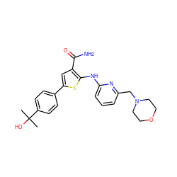 CC(C)(O)c1ccc(-c2cc(C(N)=O)c(Nc3cccc(CN4CCOCC4)n3)s2)cc1 ZINC000141154655