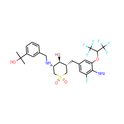 CC(C)(O)c1cccc(CN[C@H]2CS(=O)(=O)C[C@@H](Cc3cc(F)c(N)c(OC(C(F)(F)F)C(F)(F)F)c3)[C@@H]2O)c1 ZINC000084653269
