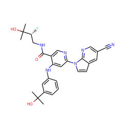 CC(C)(O)c1cccc(Nc2cc(-n3ccc4cc(C#N)cnc43)ncc2C(=O)NC[C@@H](F)C(C)(C)O)c1 ZINC001772636817