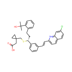 CC(C)(O)c1ccccc1CC[C@@H](SCC1(CC(=O)O)CC1)c1cccc(/C=C/c2ccc3ccc(Cl)cc3n2)c1 ZINC000003831151