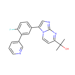 CC(C)(O)c1ccn2c(-c3ccc(F)c(-c4cccnc4)c3)cnc2n1 ZINC000013678278