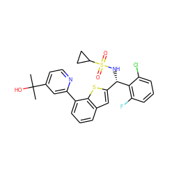 CC(C)(O)c1ccnc(-c2cccc3cc([C@H](NS(=O)(=O)C4CC4)c4c(F)cccc4Cl)sc23)c1 ZINC000224161689