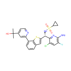 CC(C)(O)c1ccnc(-c2cccc3cc([C@H](NS(=O)(=O)C4CC4)c4nc(N)c(F)cc4Cl)sc23)c1 ZINC000224204429