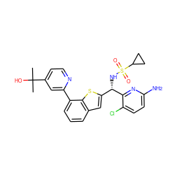 CC(C)(O)c1ccnc(-c2cccc3cc([C@H](NS(=O)(=O)C4CC4)c4nc(N)ccc4Cl)sc23)c1 ZINC000207145011