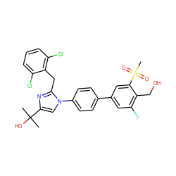 CC(C)(O)c1cn(-c2ccc(-c3cc(F)c(CO)c(S(C)(=O)=O)c3)cc2)c(Cc2c(Cl)cccc2Cl)n1 ZINC000114578787