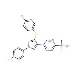 CC(C)(O)c1cnc(-c2nn(-c3ccc(F)cc3)cc2Sc2ccc(Cl)cc2)cn1 ZINC000117642364