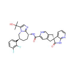 CC(C)(O)c1cnc2n1C[C@H](c1cccc(F)c1F)CC[C@H]2NC(=O)c1cc2c(cn1)C[C@@]1(C2)C(=O)Nc2ncccc21 ZINC000141733627