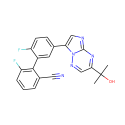 CC(C)(O)c1cnn2c(-c3ccc(F)c(-c4c(F)cccc4C#N)c3)cnc2n1 ZINC000006718476