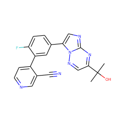 CC(C)(O)c1cnn2c(-c3ccc(F)c(-c4ccncc4C#N)c3)cnc2n1 ZINC000028571725