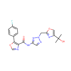 CC(C)(O)c1coc(Cn2ncc(NC(=O)c3ncoc3-c3ccc(F)cc3)n2)n1 ZINC000200095994