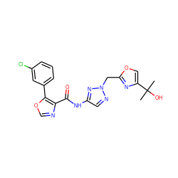 CC(C)(O)c1coc(Cn2ncc(NC(=O)c3ncoc3-c3cccc(Cl)c3)n2)n1 ZINC000200098736