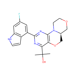 CC(C)(O)c1nc(-c2cc(F)cc3[nH]ccc23)nc2c1OC[C@@H]1COCCN21 ZINC000221366000