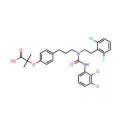 CC(C)(Oc1ccc(CCCN(CCc2c(F)cccc2Cl)C(=O)Nc2cccc(Cl)c2Cl)cc1)C(=O)O ZINC000003870758