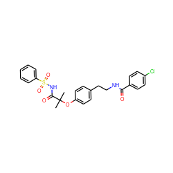 CC(C)(Oc1ccc(CCNC(=O)c2ccc(Cl)cc2)cc1)C(=O)NS(=O)(=O)c1ccccc1 ZINC000653719612