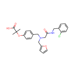 CC(C)(Oc1ccc(CN(CC(=O)NCc2ccccc2Cl)Cc2ccco2)cc1)C(=O)O ZINC000049047926