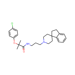 CC(C)(Oc1ccc(Cl)cc1)C(=O)NCCCN1CCC2(CCc3ccccc32)CC1 ZINC000028569187