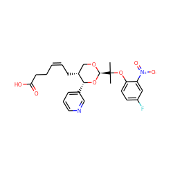 CC(C)(Oc1ccc(F)cc1[N+](=O)[O-])[C@@H]1OC[C@@H](C/C=C\CCC(=O)O)[C@@H](c2cccnc2)O1 ZINC000027737494