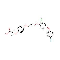 CC(C)(Oc1ccc(OCCCOc2ccc(Oc3ccc(F)cc3)cc2Cl)cc1)C(=O)O ZINC000028571180