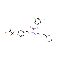 CC(C)(Sc1ccc(CCN(CCCCC2CCCCC2)C(=O)Nc2cc(Cl)cc(Cl)c2)cc1)C(=O)O ZINC000028238554