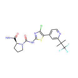 CC(C)(c1cc(-c2sc(NC(=O)N3CCC[C@H]3C(N)=O)nc2Cl)ccn1)C(F)(F)F ZINC000096272373