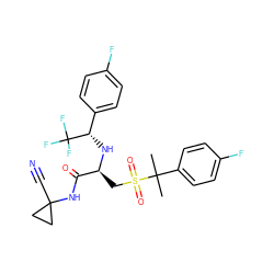 CC(C)(c1ccc(F)cc1)S(=O)(=O)C[C@H](N[C@@H](c1ccc(F)cc1)C(F)(F)F)C(=O)NC1(C#N)CC1 ZINC000014971170