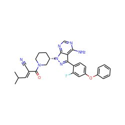 CC(C)/C=C(\C#N)C(=O)N1CCC[C@H](n2nc(-c3ccc(Oc4ccccc4)cc3F)c3c(N)ncnc32)C1 ZINC000149475392