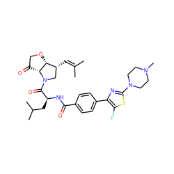 CC(C)=C[C@@H]1CN(C(=O)[C@H](CC(C)C)NC(=O)c2ccc(-c3nc(N4CCN(C)CC4)sc3F)cc2)[C@@H]2C(=O)CO[C@@H]21 ZINC000068204725