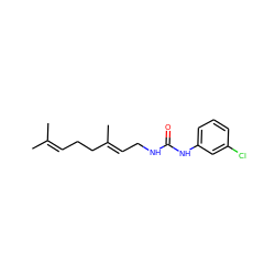 CC(C)=CCC/C(C)=C/CNC(=O)Nc1cccc(Cl)c1 ZINC000299835045