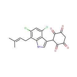 CC(C)=CCc1c(Cl)cc(Cl)c2c(C3C(=O)C(=O)CC(=O)C3=O)c[nH]c12 ZINC000100839328