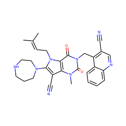 CC(C)=CCn1c(N2CCCNCC2)c(C#N)c2c1c(=O)n(Cc1c(C#N)cnc3ccccc13)c(=O)n2C ZINC000073292945