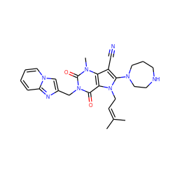 CC(C)=CCn1c(N2CCCNCC2)c(C#N)c2c1c(=O)n(Cc1cn3ccccc3n1)c(=O)n2C ZINC000073292938