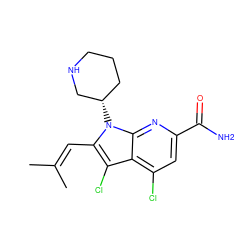 CC(C)=Cc1c(Cl)c2c(Cl)cc(C(N)=O)nc2n1[C@H]1CCCNC1 ZINC001772590861