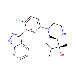 CC(C)[C@@](C)(O)[C@H]1CN(c2ccc(F)c(-c3n[nH]c4ncccc34)n2)CCN1 ZINC000095581050