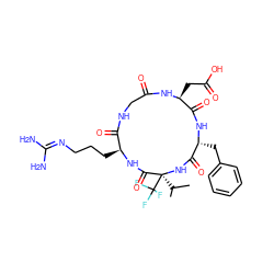 CC(C)[C@@]1(C(F)(F)F)NC(=O)[C@@H](Cc2ccccc2)NC(=O)[C@H](CC(=O)O)NC(=O)CNC(=O)[C@H](CCCN=C(N)N)NC1=O ZINC000028571279