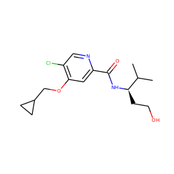 CC(C)[C@@H](CCO)NC(=O)c1cc(OCC2CC2)c(Cl)cn1 ZINC000149232464