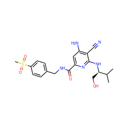 CC(C)[C@@H](CO)Nc1nc(C(=O)NCc2ccc(S(C)(=O)=O)cc2)cc(N)c1C#N ZINC000038151250