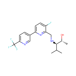 CC(C)[C@@H](NCc1nc(-c2ccc(C(F)(F)F)nc2)ccc1F)[C@@H](C)O ZINC000204422089