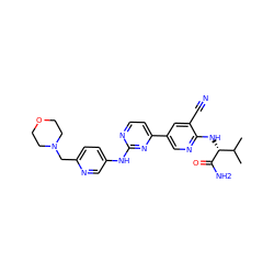 CC(C)[C@@H](Nc1ncc(-c2ccnc(Nc3ccc(CN4CCOCC4)nc3)n2)cc1C#N)C(N)=O ZINC001772654427