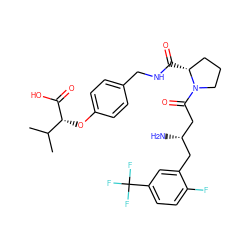 CC(C)[C@@H](Oc1ccc(CNC(=O)[C@@H]2CCCN2C(=O)C[C@@H](N)Cc2cc(C(F)(F)F)ccc2F)cc1)C(=O)O ZINC000028384702