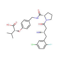 CC(C)[C@@H](Oc1ccc(CNC(=O)[C@@H]2CCCN2C(=O)C[C@@H](N)Cc2cc(Cl)ccc2F)cc1)C(=O)O ZINC000028384698