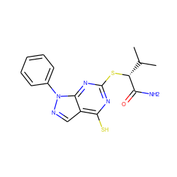 CC(C)[C@@H](Sc1nc(S)c2cnn(-c3ccccc3)c2n1)C(N)=O ZINC000013759694