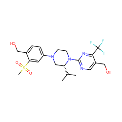 CC(C)[C@@H]1CN(c2ccc(CO)c(S(C)(=O)=O)c2)CCN1c1ncc(CO)c(C(F)(F)F)n1 ZINC000584904699