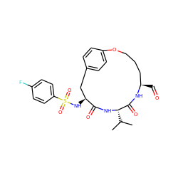 CC(C)[C@@H]1NC(=O)[C@@H](NS(=O)(=O)c2ccc(F)cc2)Cc2ccc(cc2)OCCC[C@@H](C=O)NC1=O ZINC000073163059