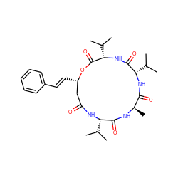 CC(C)[C@@H]1NC(=O)C[C@H](/C=C/c2ccccc2)OC(=O)[C@H](C(C)C)NC(=O)[C@H](C(C)C)NC(=O)[C@@H](C)NC1=O ZINC000653782624