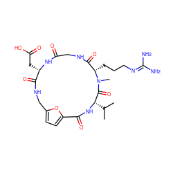 CC(C)[C@@H]1NC(=O)c2ccc(o2)CNC(=O)[C@H](CC(=O)O)NC(=O)CNC(=O)[C@H](CCCN=C(N)N)N(C)C1=O ZINC000026185894