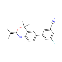 CC(C)[C@@H]1Nc2ccc(-c3cc(F)cc(C#N)c3)cc2C(C)(C)O1 ZINC000013439603