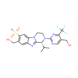 CC(C)[C@@H]1c2nc3cc(CO)c(S(C)(=O)=O)cc3n2CCN1c1ncc(CO)c(C(F)(F)F)n1 ZINC000147695036